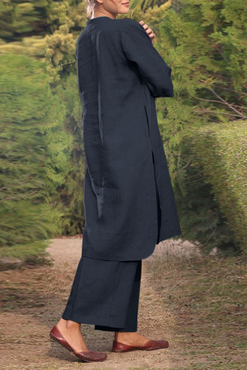 NOUVEAU RICHE Lässiger Einfarbiger Taschen O-Ausschnitt Langarm Zweiteiler