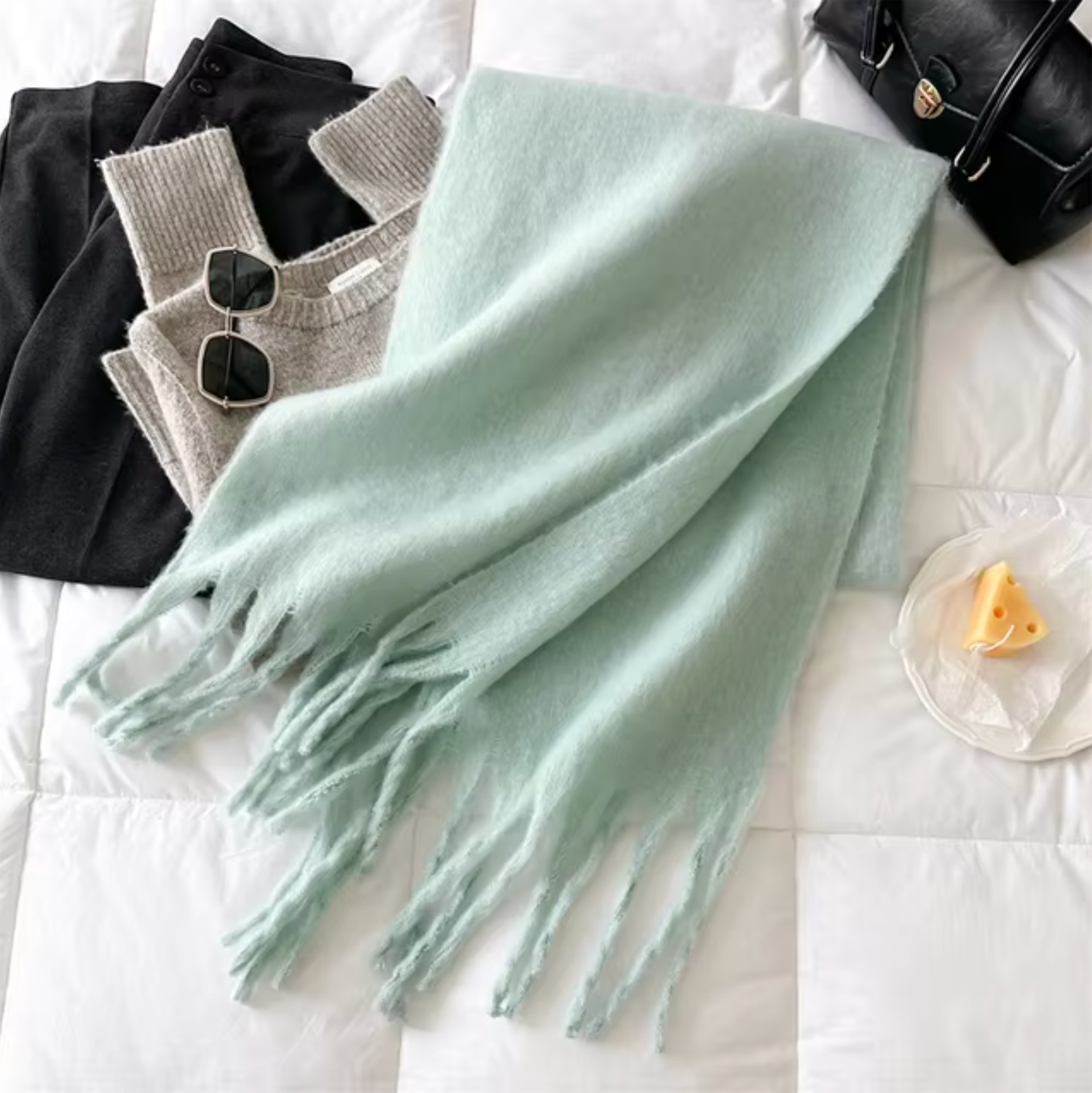 NOUVEAU RICHE Kaschmir-Winter-Schal Cashmere-ähnlichem Stoff Fransen Minzgrün Einheitsgröße