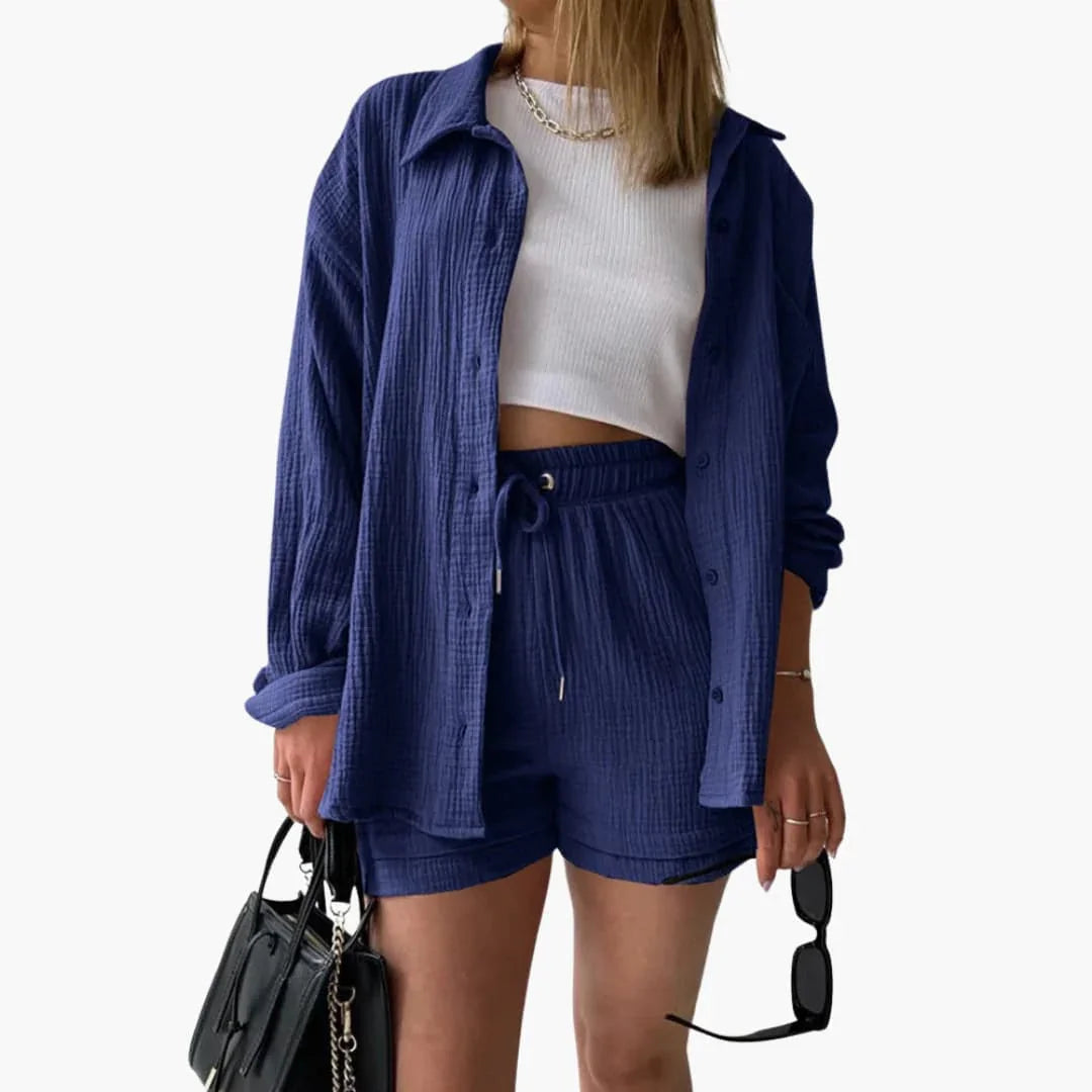 NOUVEAU RICHE Sommer Set Damen Zweiteilig Leichter Stoff Lockere Passform Blau