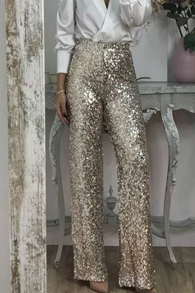 NOUVEAU RICHE Damen Hosen Einfarbige Pailletten Gerade Hohe Taille Gold