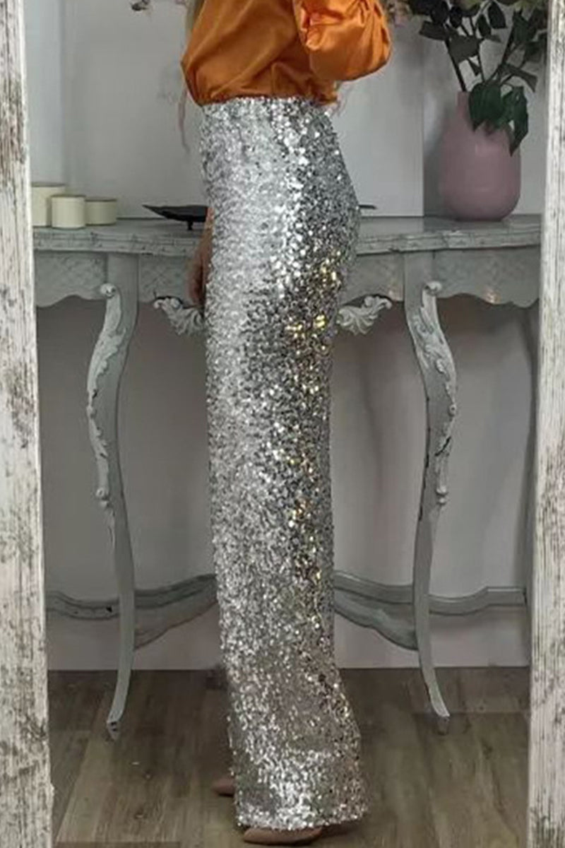 NOUVEAU RICHE Damen Hosen Einfarbige Pailletten Gerade Hohe Taille