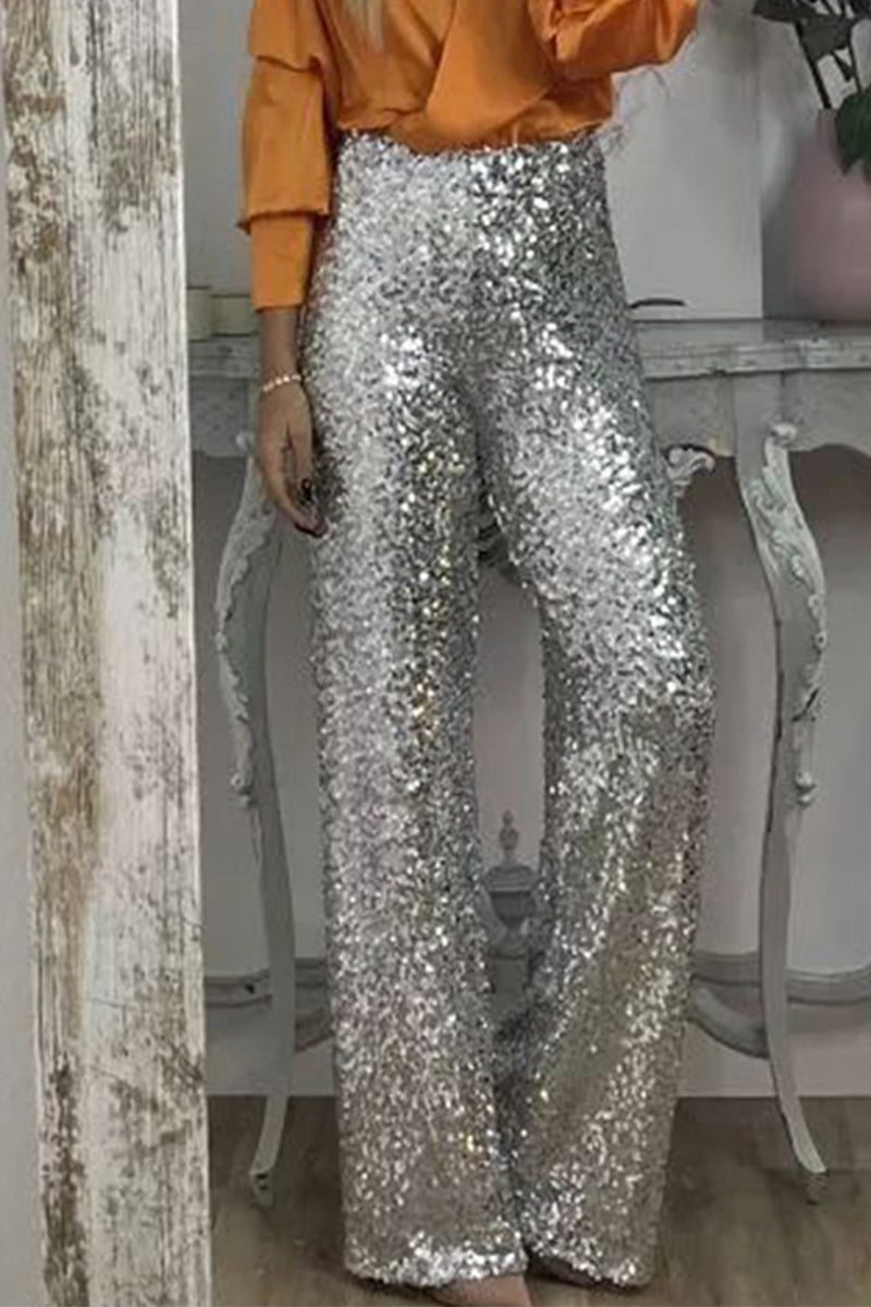 NOUVEAU RICHE Damen Hosen Einfarbige Pailletten Gerade Hohe Taille Silber
