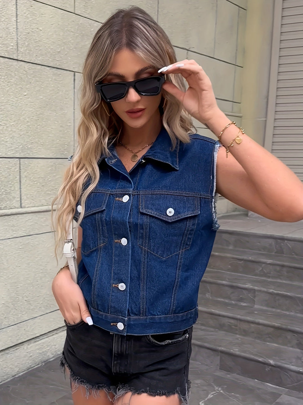 NOUVEAU RICHE Ärmellose Jeansjacke Pattentaschen Klassischen Denim Look Dunkelblau
