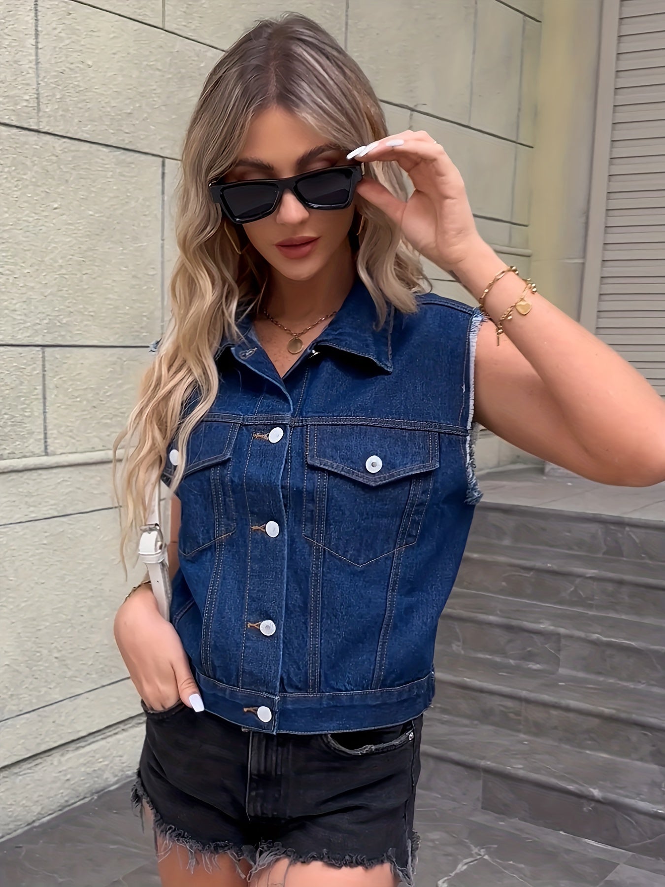 NOUVEAU RICHE Ärmellose Jeansjacke Pattentaschen Klassischen Denim Look Dunkelblau