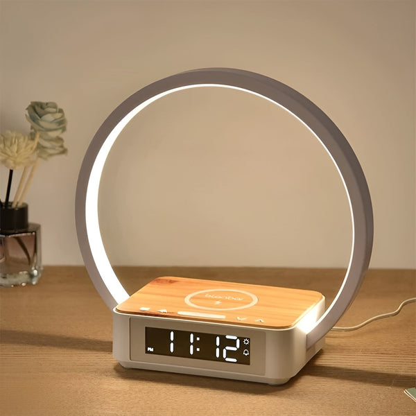 NOUVEAU RICHE Designer-Nachtlicht mit kabellosem Ladegerät und Wecker – Nachttischlampe mit Wake-Up-Funktion & Touch-Bedienung – LumoRise