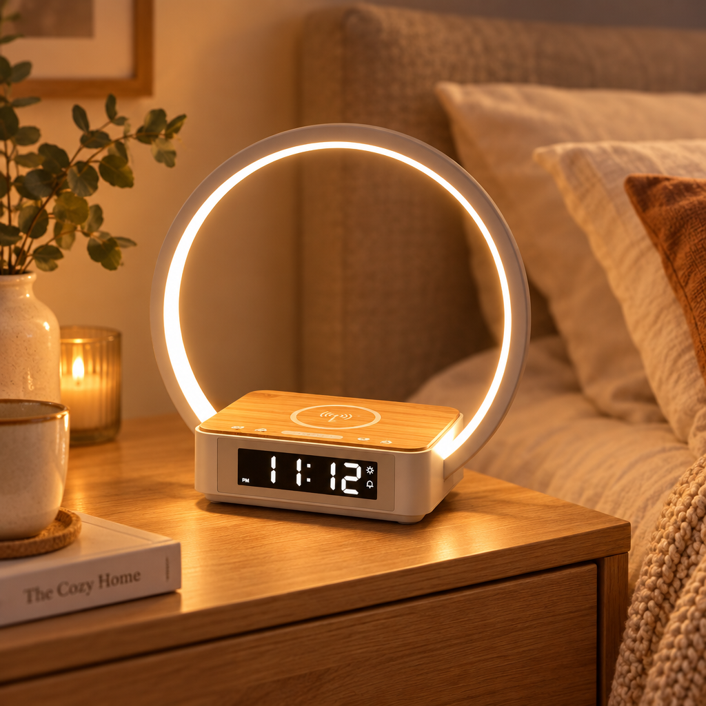 NOUVEAU RICHE Designer-Nachtlicht mit kabellosem Ladegerät und Wecker – Nachttischlampe mit Wake-Up-Funktion & Touch-Bedienung – LumoRise