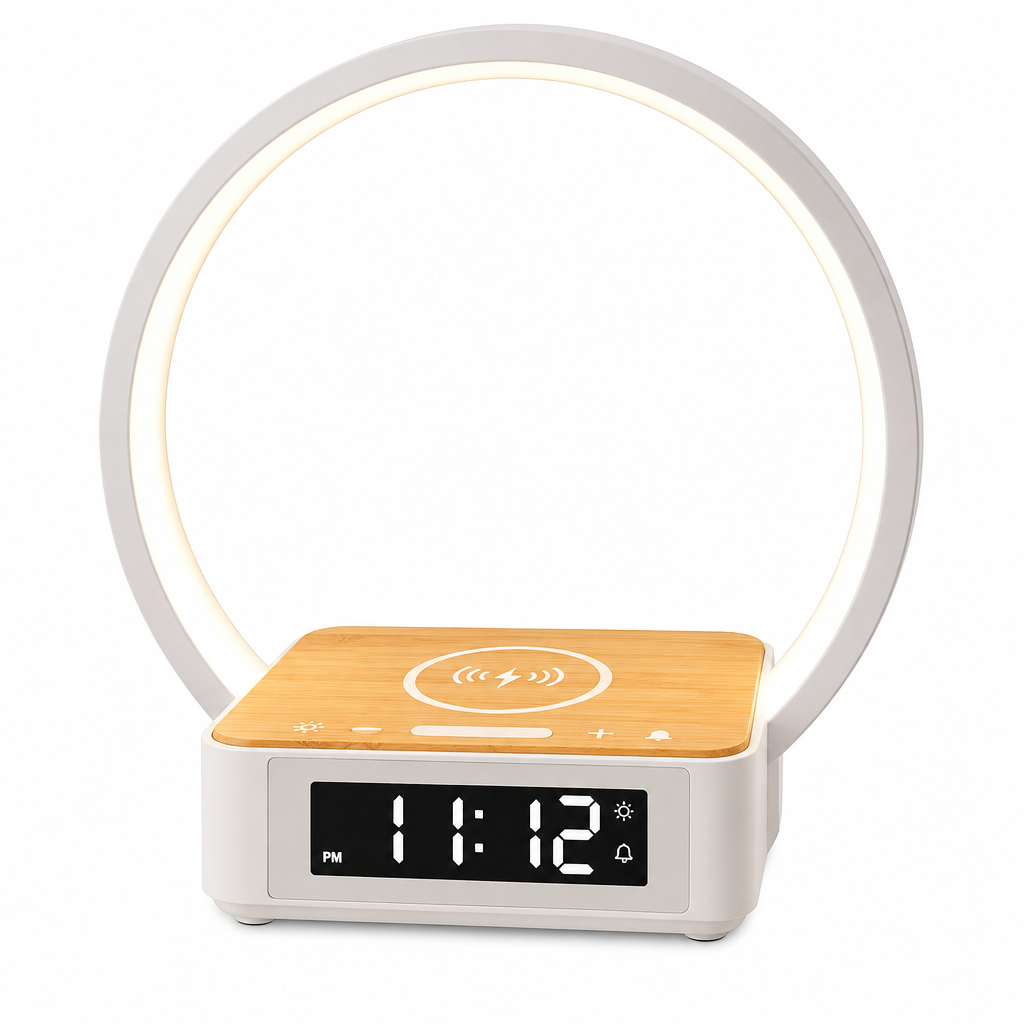 NOUVEAU RICHE Designer-Nachtlicht mit kabellosem Ladegerät und Wecker – Nachttischlampe mit Wake-Up-Funktion & Touch-Bedienung – LumoRise