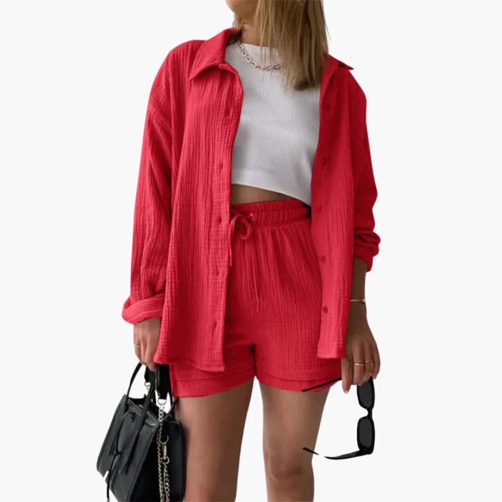 NOUVEAU RICHE Sommer Set Damen Zweiteilig Leichter Stoff Lockere Passform Rot