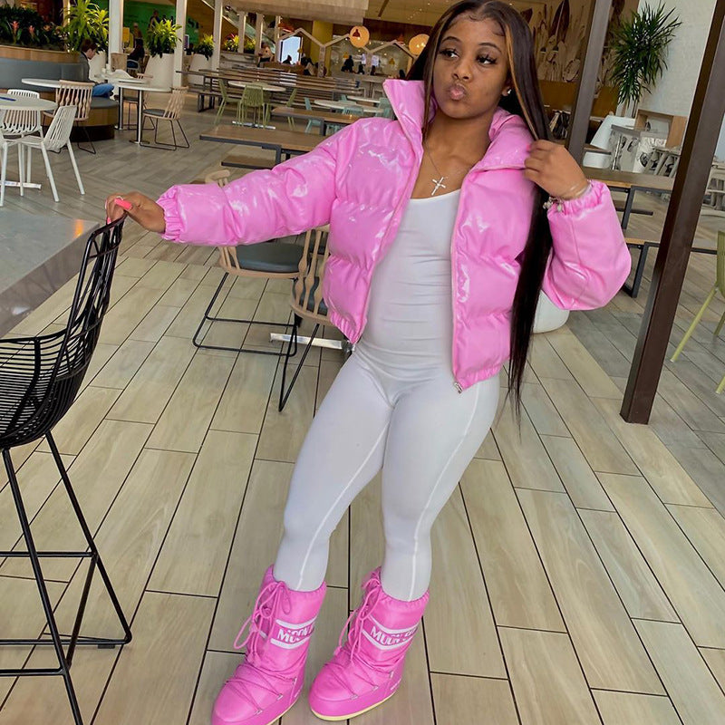 NOUVEAU RICHE Damen Wintermantel Kunstleder Warm Gefüttert Stilvoll Rosa