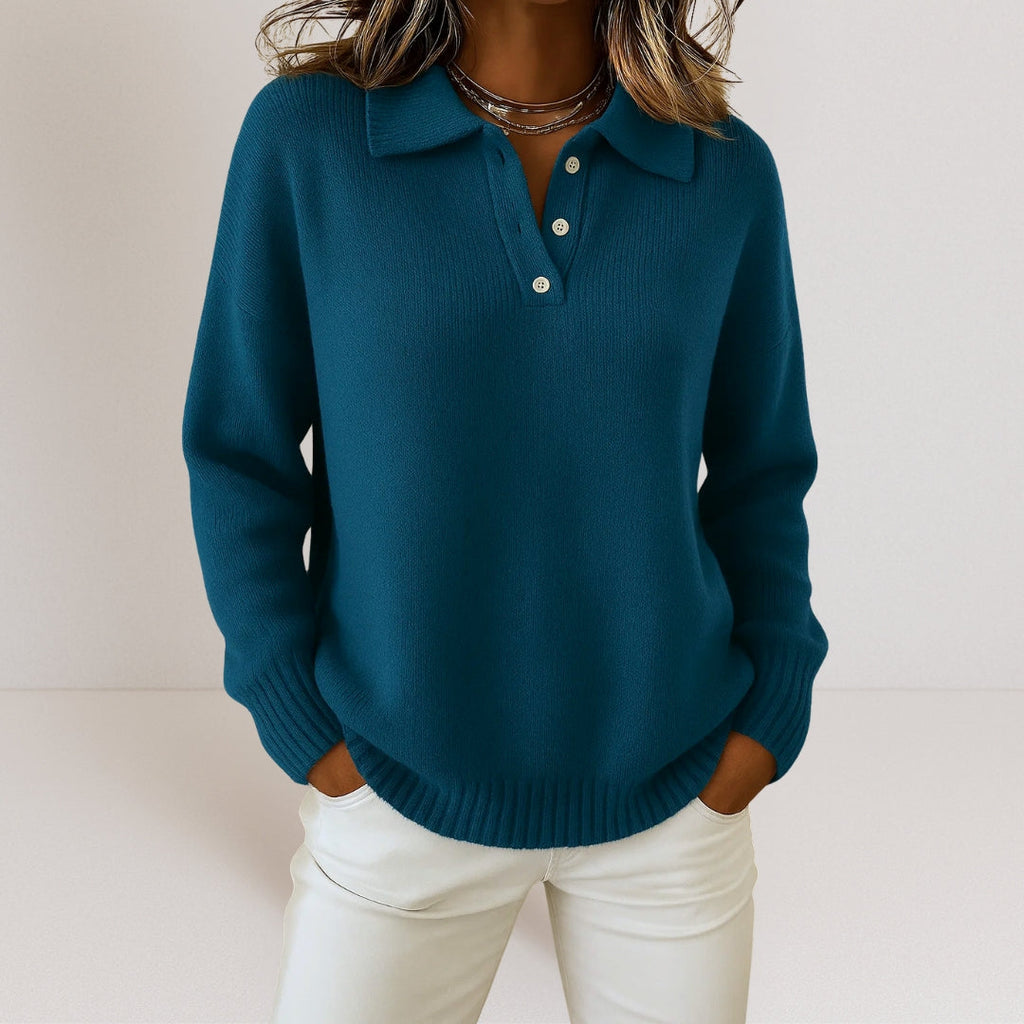 NOUVEAU RICHE Pamelo | Damen Polo-Pullover mit Kragen und Knopfleiste Dunkelblau