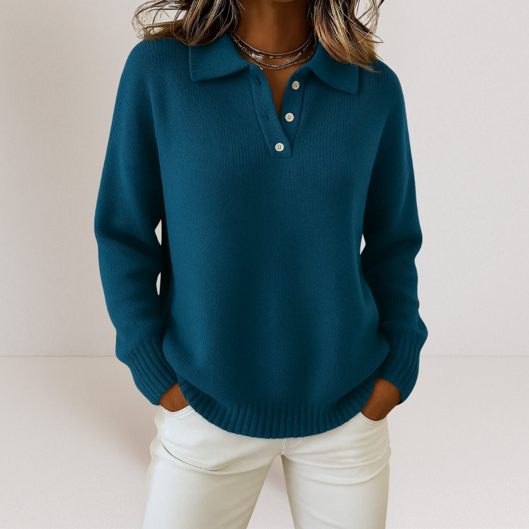 NOUVEAU RICHE Pamelo | Damen Polo-Pullover mit Kragen und Knopfleiste Dunkelblau