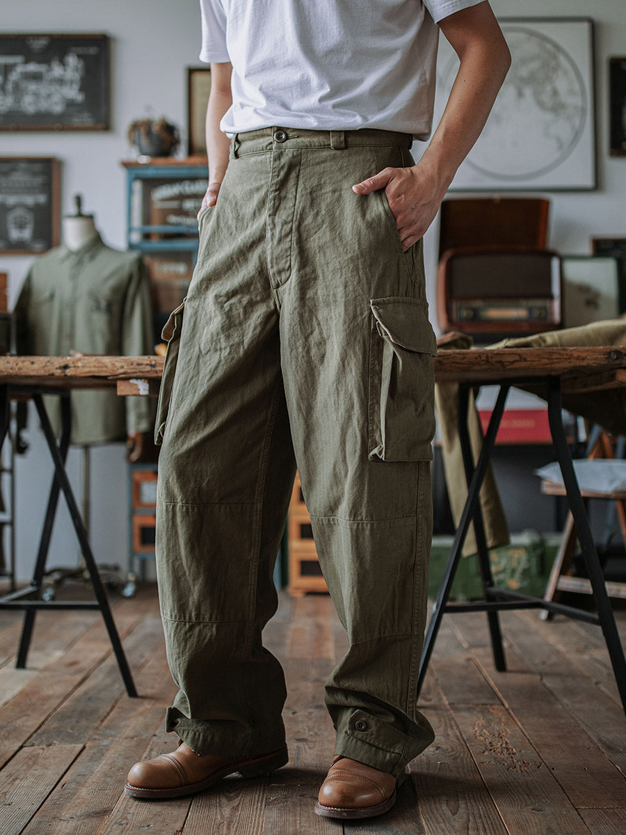 NOUVEAU RICHE Reproduktion Der Französischen Armee M-47 Fischgrät-Twill-Hosen Aus 100 Prozent Baumwolle Mit 100 Prozent Leinenfutter Für Herren Armeegrün