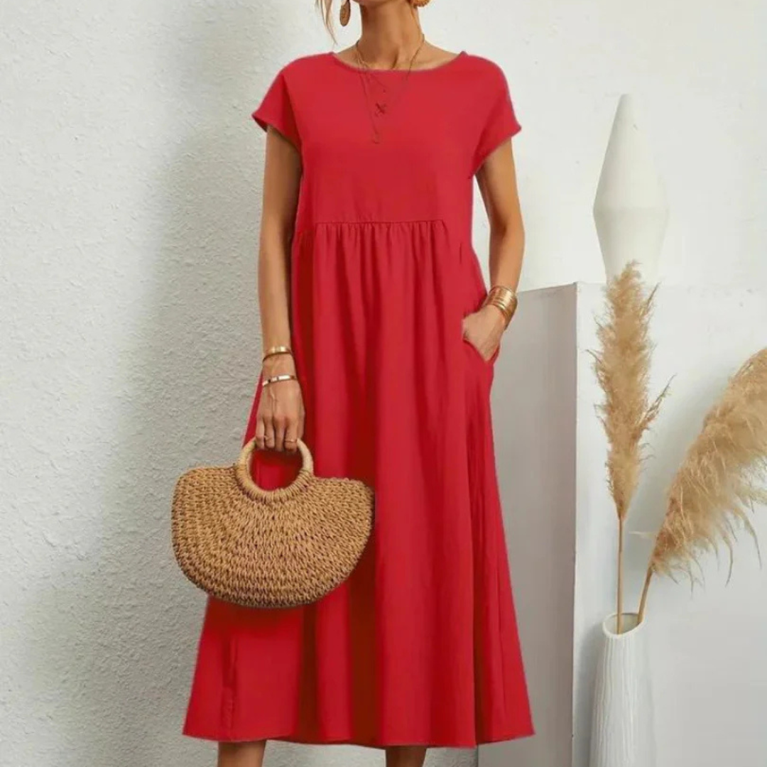 NOUVEAU RICHE Fließendes Baumwollkleid Leichtes Sommerkleid Beige Kirschrot
