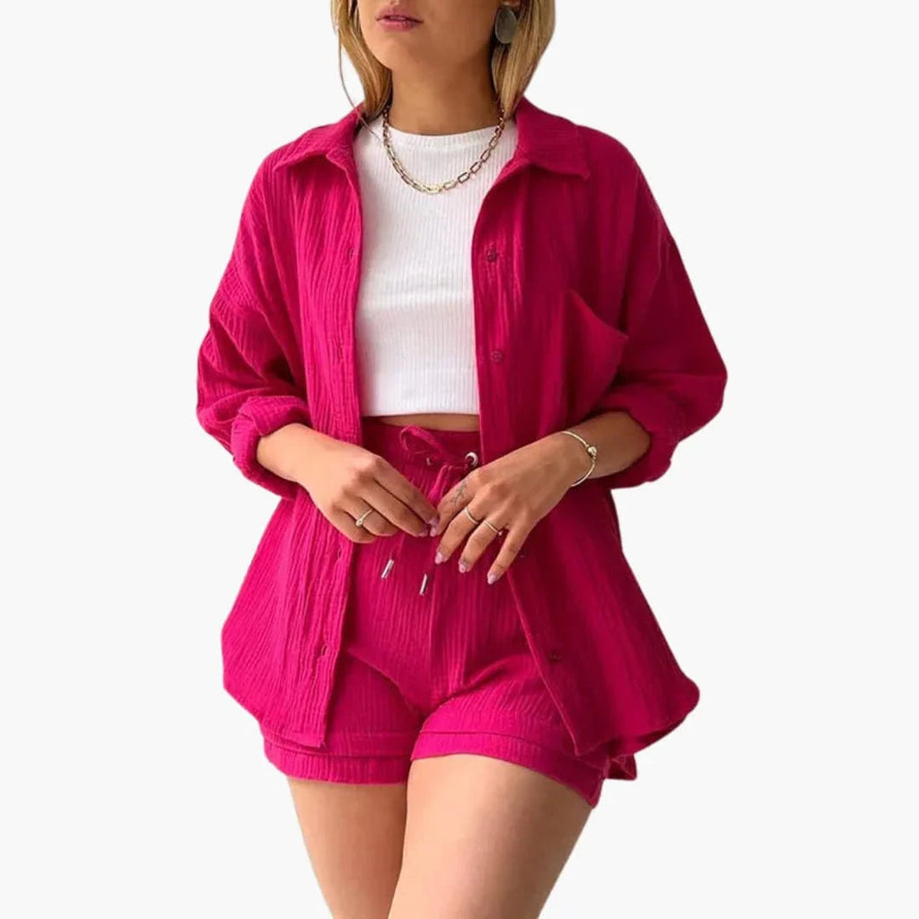 NOUVEAU RICHE Sommer Set Damen Zweiteilig Leichter Stoff Lockere Passform Rosa