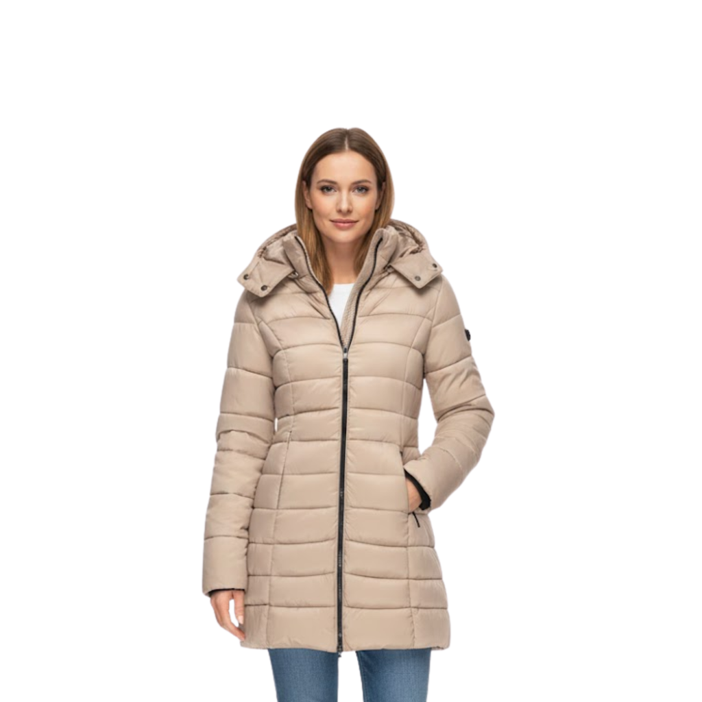 NOUVEAU RICHE Luna | Dame Mittellanger Steppparka mit Kapuze - Warmer Winterparka & Quiltet Mantel