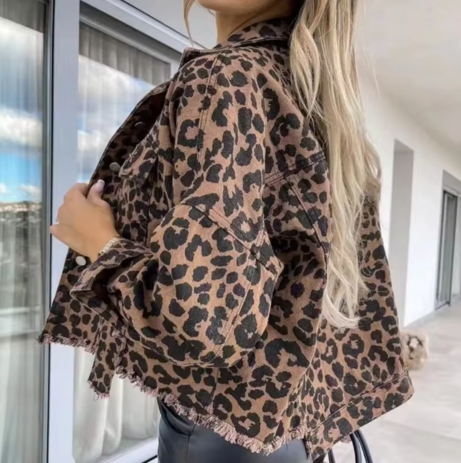 Damen Leopardenmuster Denim Jeansjacke Mantel Stilvoll Jeanslook