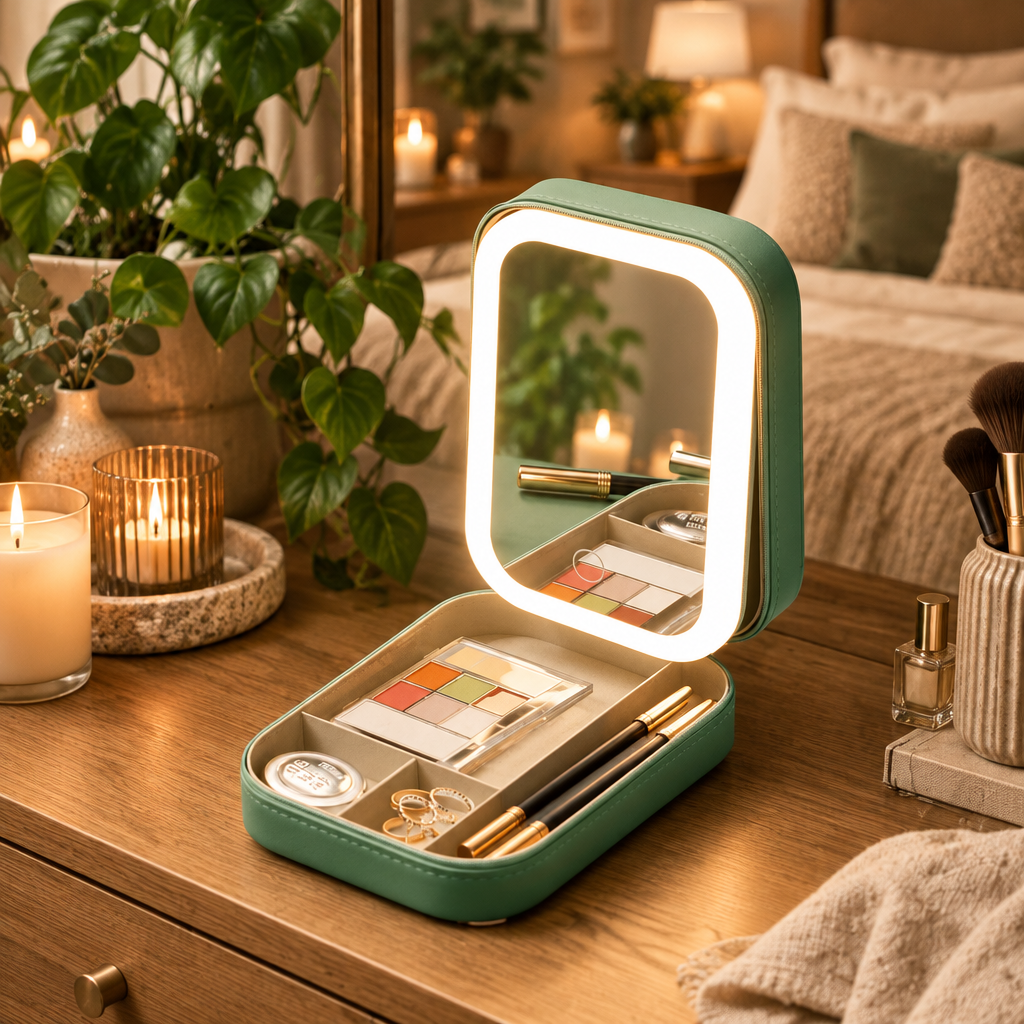 NOUVEAU RICHE Kompakte Kosmetiktasche mit LED-Spiegel – Reise Make-up Organizer mit Licht, wasserdicht, Grün, Weiss oder Pink – Liora