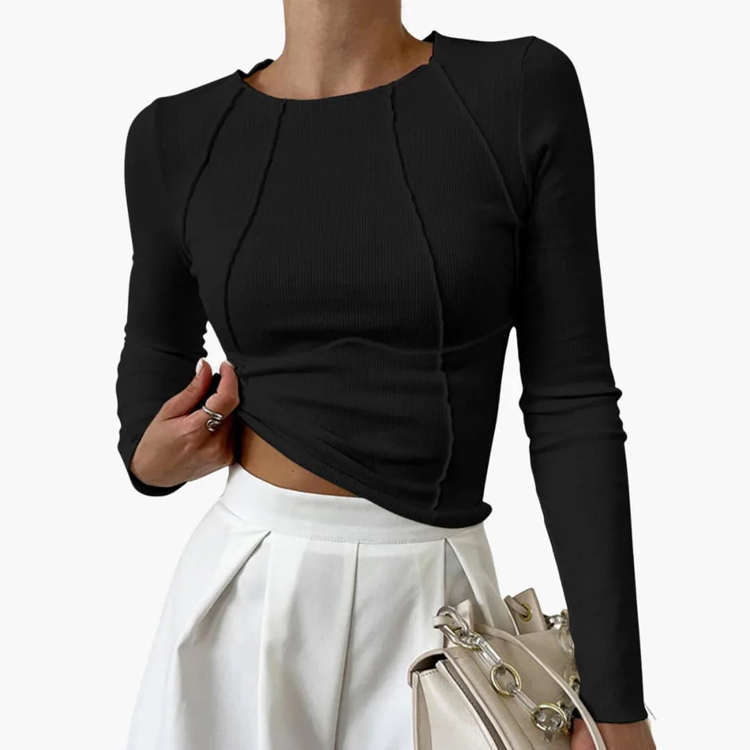 NOUVEAU RICHE Langarmtop Damen Gerippt Rundhals Figurbetont Nahtdetails Schwarz