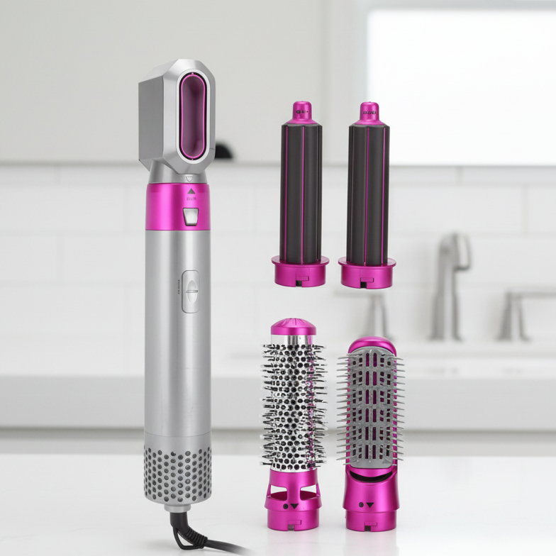 NOUVEAU RICHE 5-in-1 Airstyler – Föhn mit Bürsten & Lockenstab, automatische Lockenaufsätze, Glätt- & Volumenbürste, Hitzesensor Farbverlauf