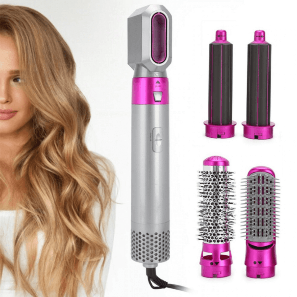 NOUVEAU RICHE 5-in-1 Airstyler – Föhn mit Bürsten & Lockenstab, automatische Lockenaufsätze, Glätt- & Volumenbürste, Hitzesensor