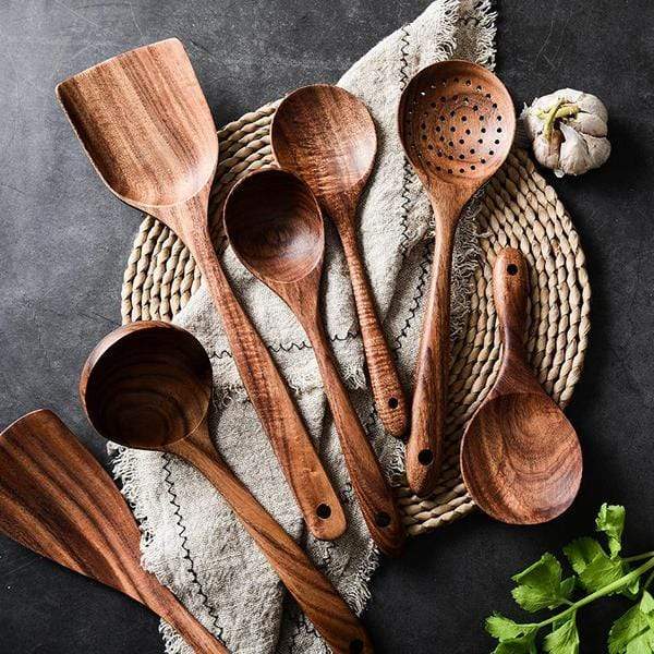 NOUVEAU RICHE Natürliches Küchenset aus Holz – Rustikale Küchenhelfer aus Holz, Set mit 4 oder 7 Teilen – RustiCook