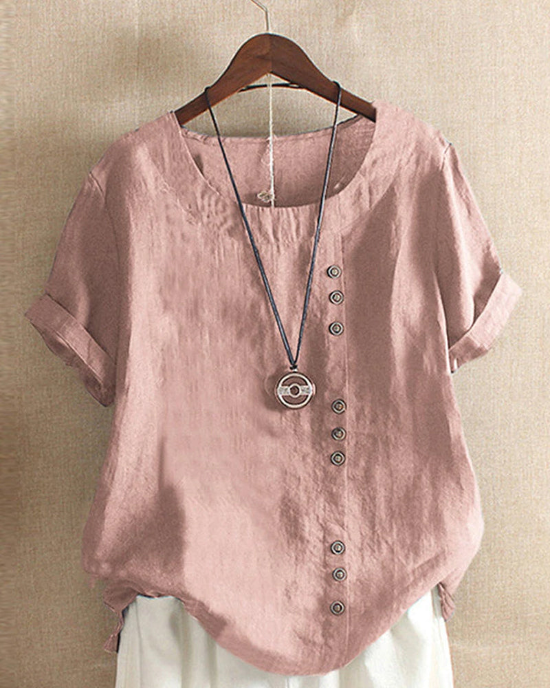 NOUVEAU RICHE Damen Kurzarm-Bluse Baumwolle Weiche Vielseitige Eleganz Rosa