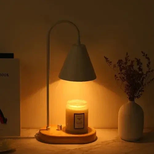 NOUVEAU RICHE Kerzenwärmer mit Dimmer – Candle Warmer Lampe mit Holzfuss & Metallschirm für Duftkerzen, ohne Flamme, inkl. 2 Lampen, 3 Farben