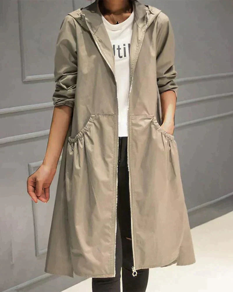 NOUVEAU RICHE Damen Lange Regenjacke Mit Kapuze Lockere Passform Beige