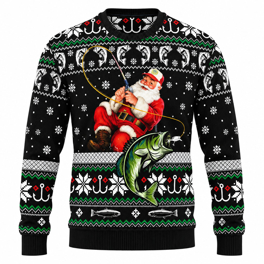 NOUVEAU RICHE Weihnachtsmann-Pullover Herren – Ugly Christmas Sweater mit lustigem Santa-Print, Ein klassischer & fröhlicher Weihnachtspullover, M–7XL – Mane Angelnder Weihnachtsmann