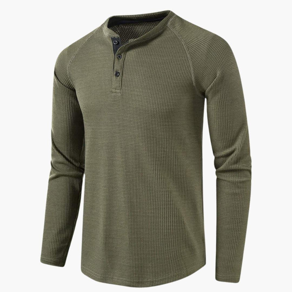 NOUVEAU RICHE Herren Henley Langarmshirt Mit Knopfleiste Natürliche Textur Armeegrün