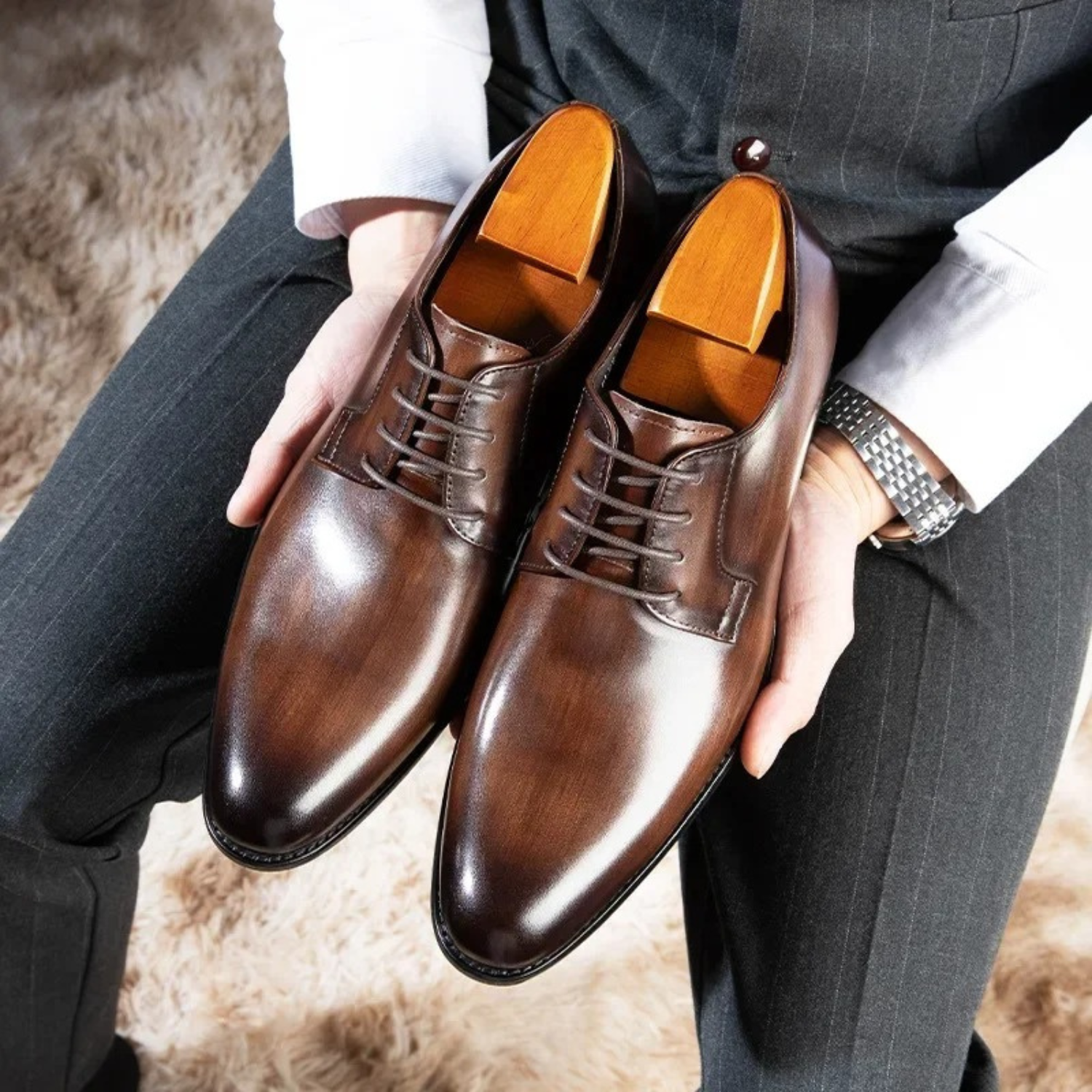 NOUVEAU RICHE Herren Anzugschuhe Aus Leder Bequeme Passform Elegant Braun