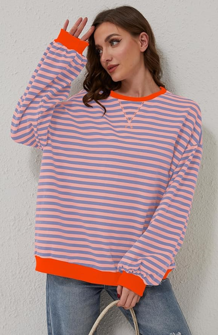 NOUVEAU RICHE Damen Gestreifter Oversized Pullover Mit Lebhaften Streifen Orange & Blau