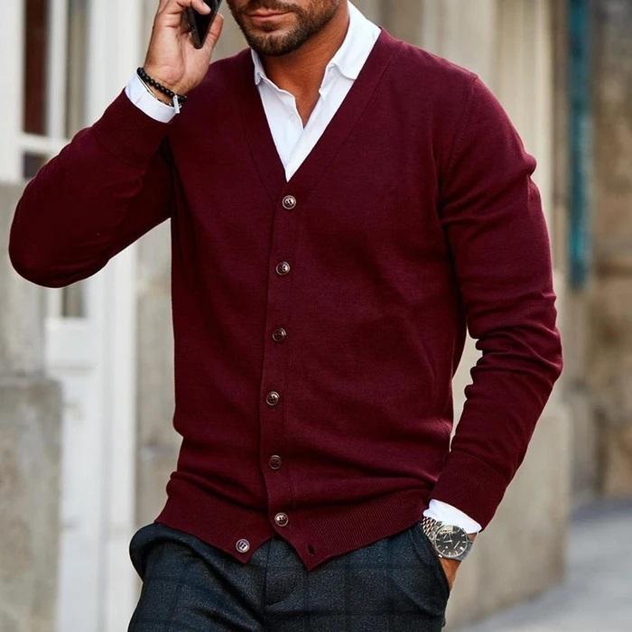 NOUVEAU RICHE Herren Strickjacke V Ausschnitt Knöpfe Lässig Elegant Dunkelrot