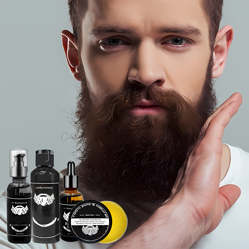 NOUVEAU RICHE Luxus Bartpflege-Set – Komplettset mit Bartglätter, Dermaroller, Bartöl & Conditioner für Pflege & Styling