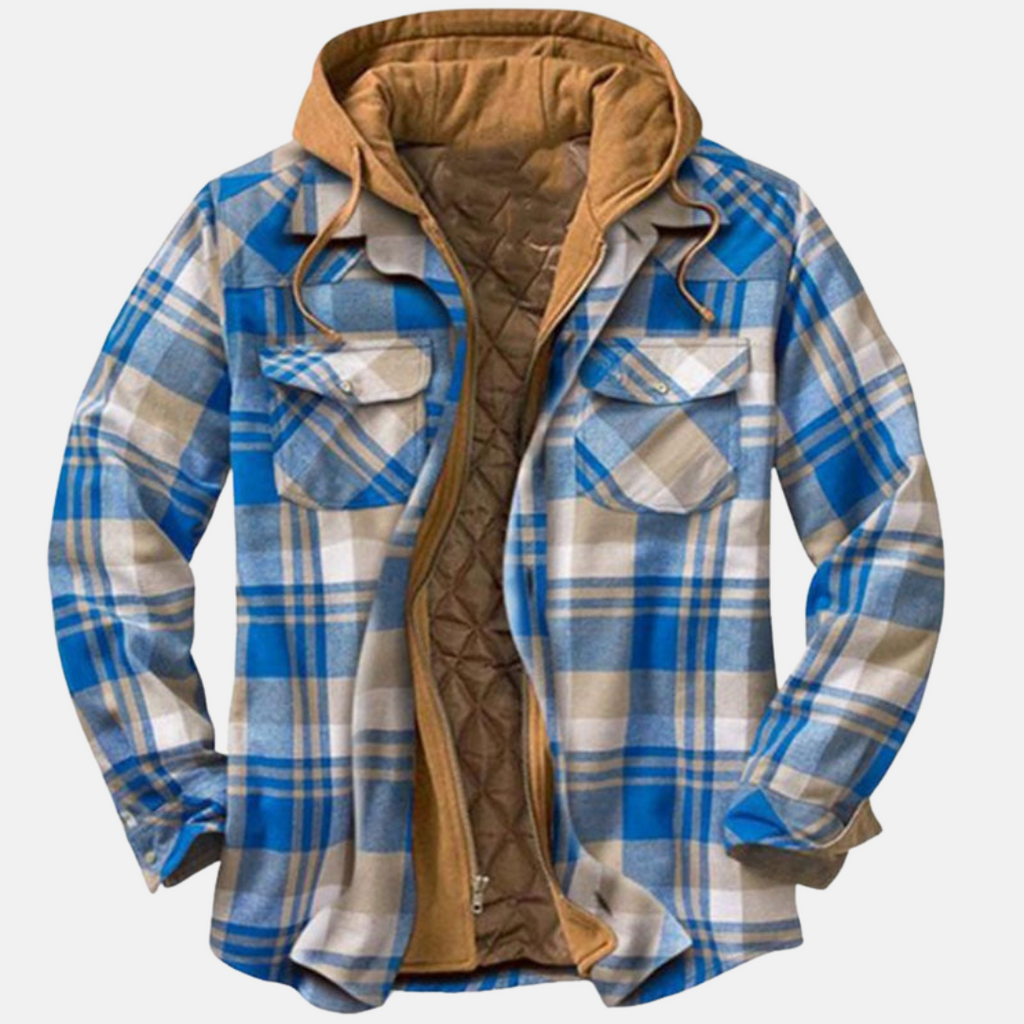 NOUVEAU RICHE Karierte Herrenjacke mit Kapuze – Hemdjacke mit gestepptem Futter & Reissverschluss, Overshirt, S–5XL – Calico Hellblau