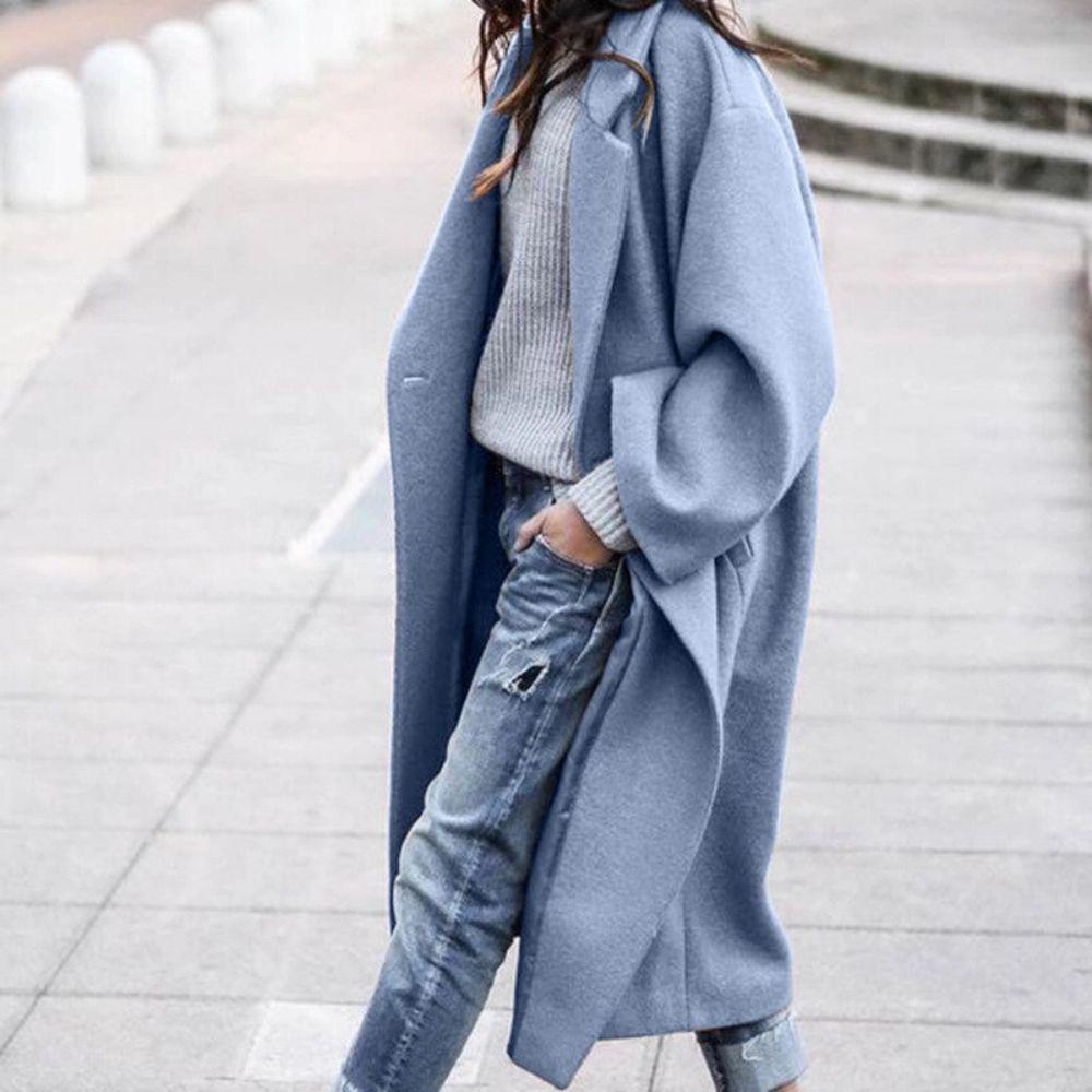 NOUVEAU RICHE Wintermantel Damen Lang Warm Stilvoll Und Elegantes Modell Blau