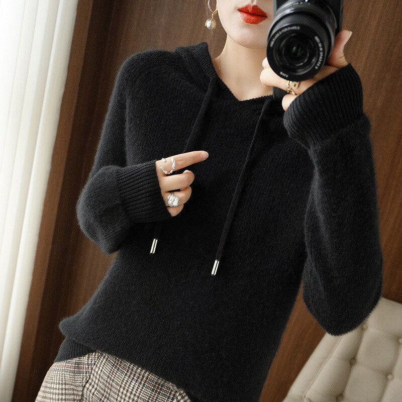 NOUVEAU RICHE Damen Kapuzenpullover Aus Kaschmir Lockere Passform Wärme Schwarz