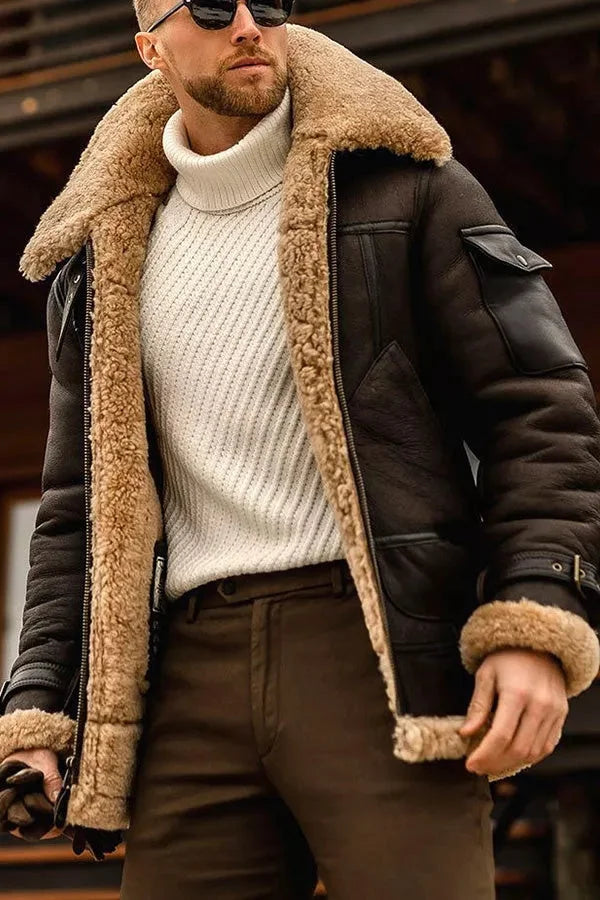 NOUVEAU RICHE Herren Camel Fliegende Jacke Echtes Schafsfell Vintage Kaffee