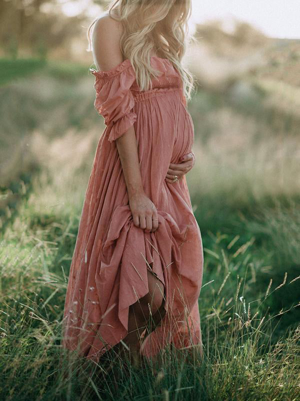 NOUVEAU RICHE Boho-Chic-Umstandskleid mit U-Boot-Ausschnitt – Schulterfreies Schwangerschaftskleid, Midi, Pink, S–2XL – Flōre