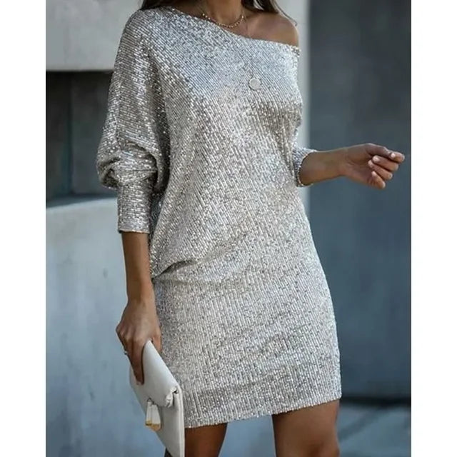 NOUVEAU RICHE Pailletten Partykleid Damen – Glitzerkleid für Weihnachtsfeier & Silvester, 6 Farben, S–3XL – Dôre Silber