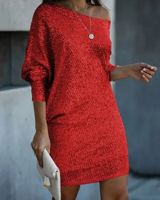 NOUVEAU RICHE Pailletten Partykleid Damen – Glitzerkleid für Weihnachtsfeier & Silvester, 6 Farben, S–3XL – Dôre Rot