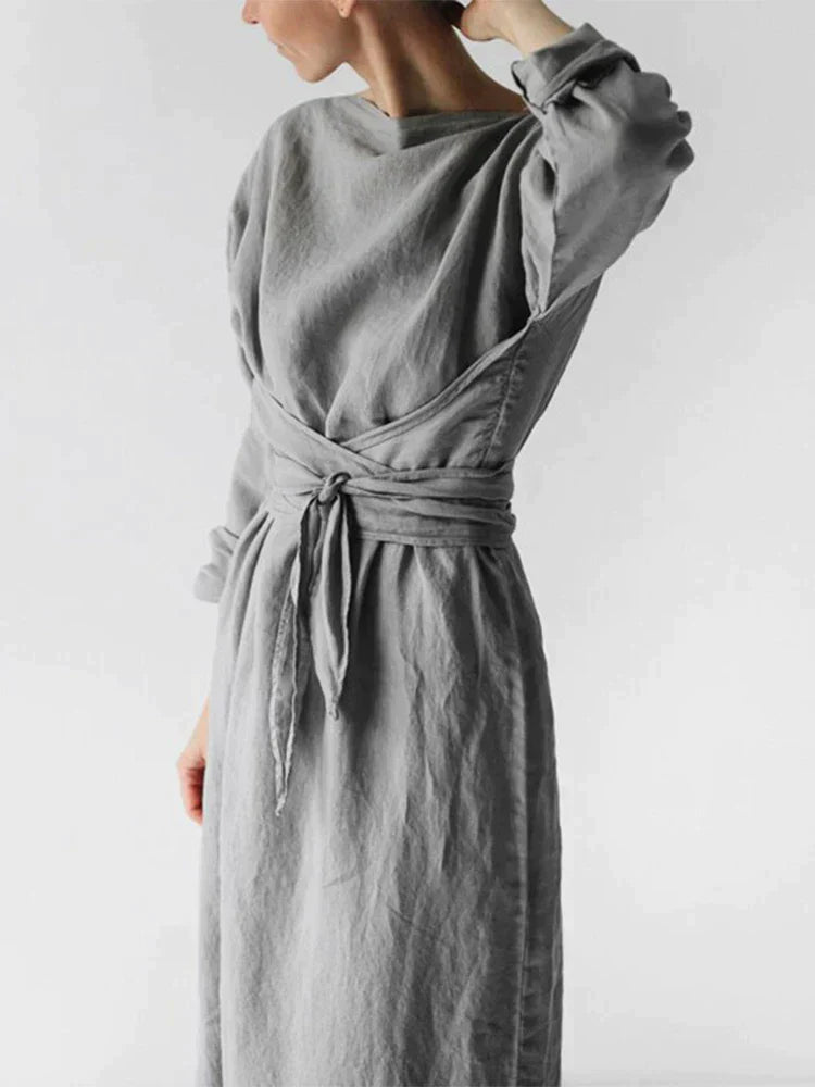 NOUVEAU RICHE Leinenkleid Minimalistisch Langarm Gürtel Handgefertigt