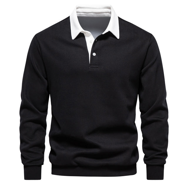 NOUVEAU RICHE Poloshirt Langarm Herren Bequem Klassischer Kragen Schwarz