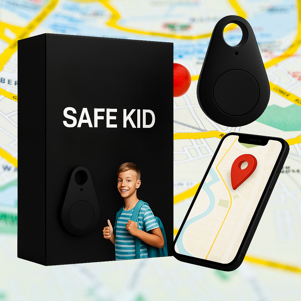 NOUVEAU RICHE GPS Tracker für Kinder – Wasserdichter Mini GPS mit SOS-Taste & App, leicht mit Tragetasche, 5 Farben Schwarz