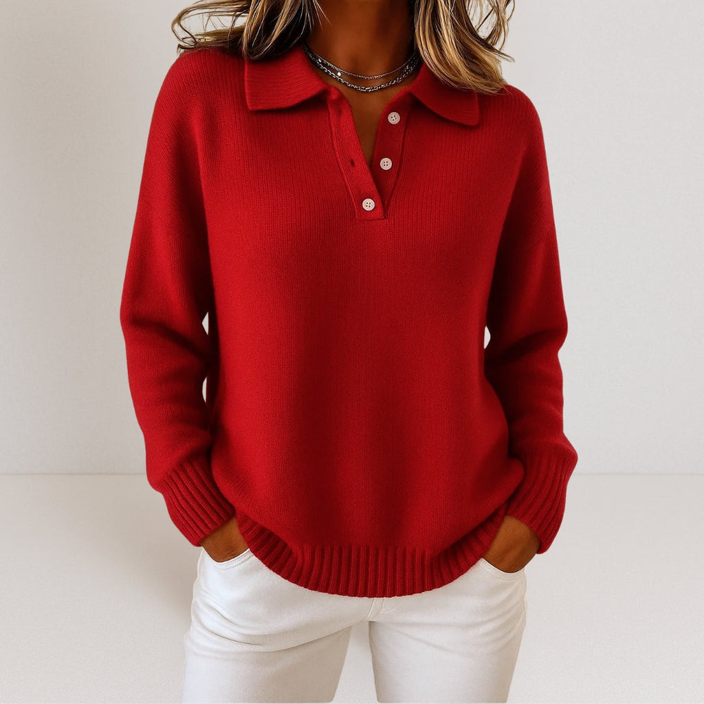 NOUVEAU RICHE Pamelo | Damen Polo-Pullover mit Kragen und Knopfleiste Rot