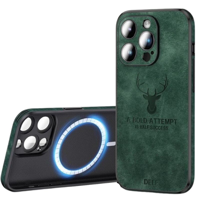 NOUVEAU RICHE Luxuriöse iPhone-Hülle aus Hirschleder – Echtleder Handyhülle mit Kameraschutz, stossfest, für iPhone 12–15 – Veltro Dunkelgrün