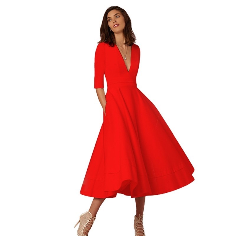 NOUVEAU RICHE Midikleid Damen A-Linie V-Ausschnitt Halbarmlänge Elegant Rot
