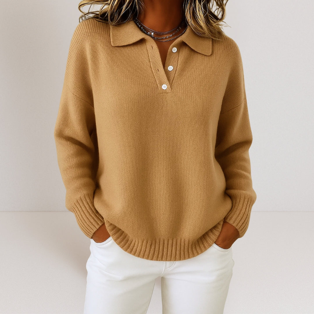 NOUVEAU RICHE Pamelo | Damen Polo-Pullover mit Kragen und Knopfleiste Camel