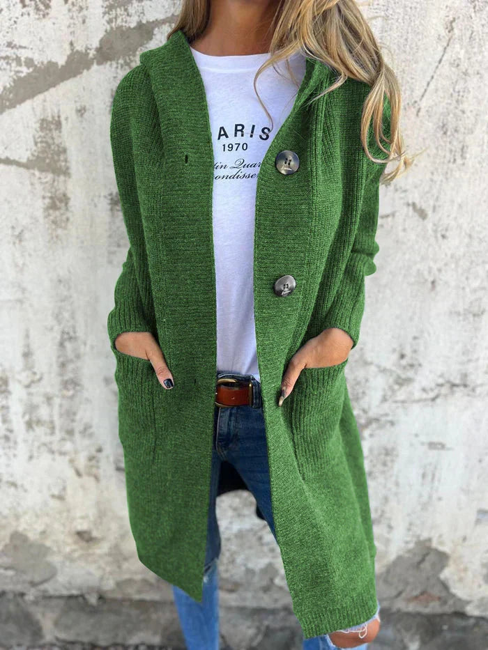 NOUVEAU RICHE Gemütlicher Longline-Cardigan mit Kapuze – Lange Strickjacke Damen mit Kapuze, lockere Passform, S–3XL – Flōre Grün