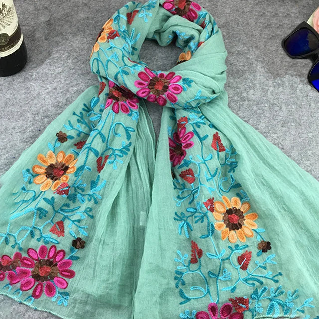 NOUVEAU RICHE Floral Bestickter Schal Baumwolle Und Polyester Lässig Grün